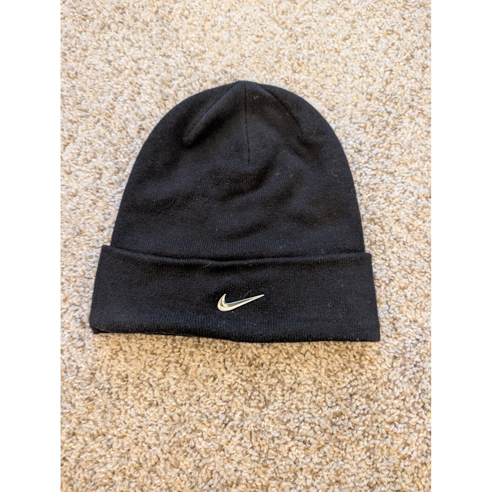 Nike Cuffed Beanie Hat Black Metallic Silver Swoosh Logo Knit Skull Cap RN56323